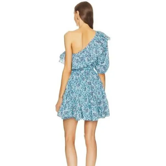 NEW RHODE Sz XS Ozzie Mini Dress One Shoulder Aqua Lotus Floral - Picture 2 of 10